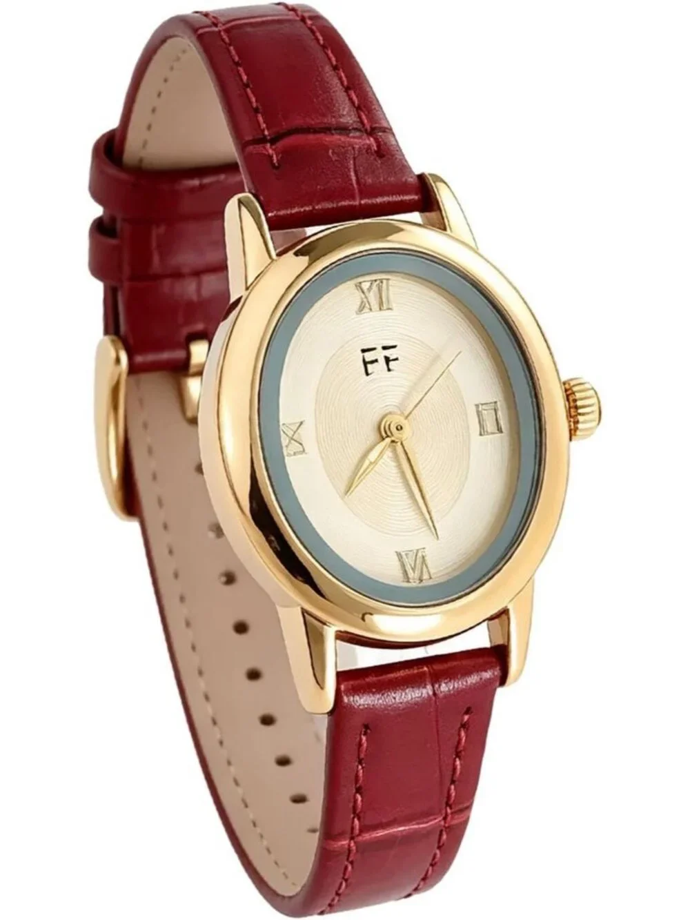 Women's Red Vintage Oval Analog Quartz Roman Numeral Dial Leather Strap Watch